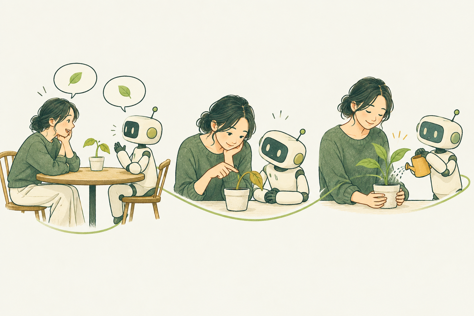 人とロボットが対話し、植物の状態を一緒に理解し、協力して水やりをする。対話から理解、信頼へと関係が育つ3つの場面